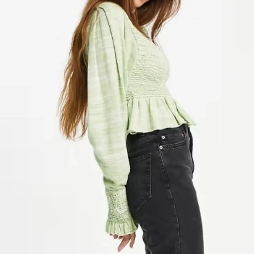 Free People Peplum Top Women's XS Green Free Spirit Long Sleeve Smocked Boho